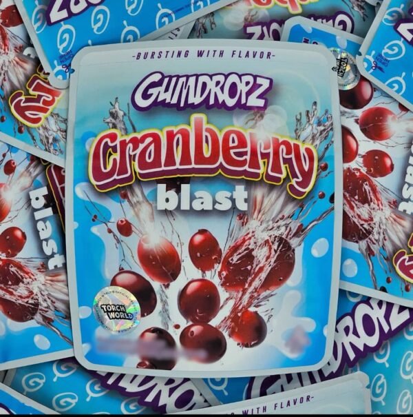 Gumdropz Cranberry Blast delivers tart berry flavor, smooth texture, uplifting effects, vibrant aroma, balanced onset, energizing vibe, mellow finish,